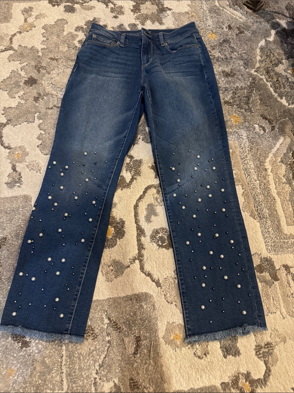 New York & Company Dark Blue Straight-Leg Jeans with Pearl Accents